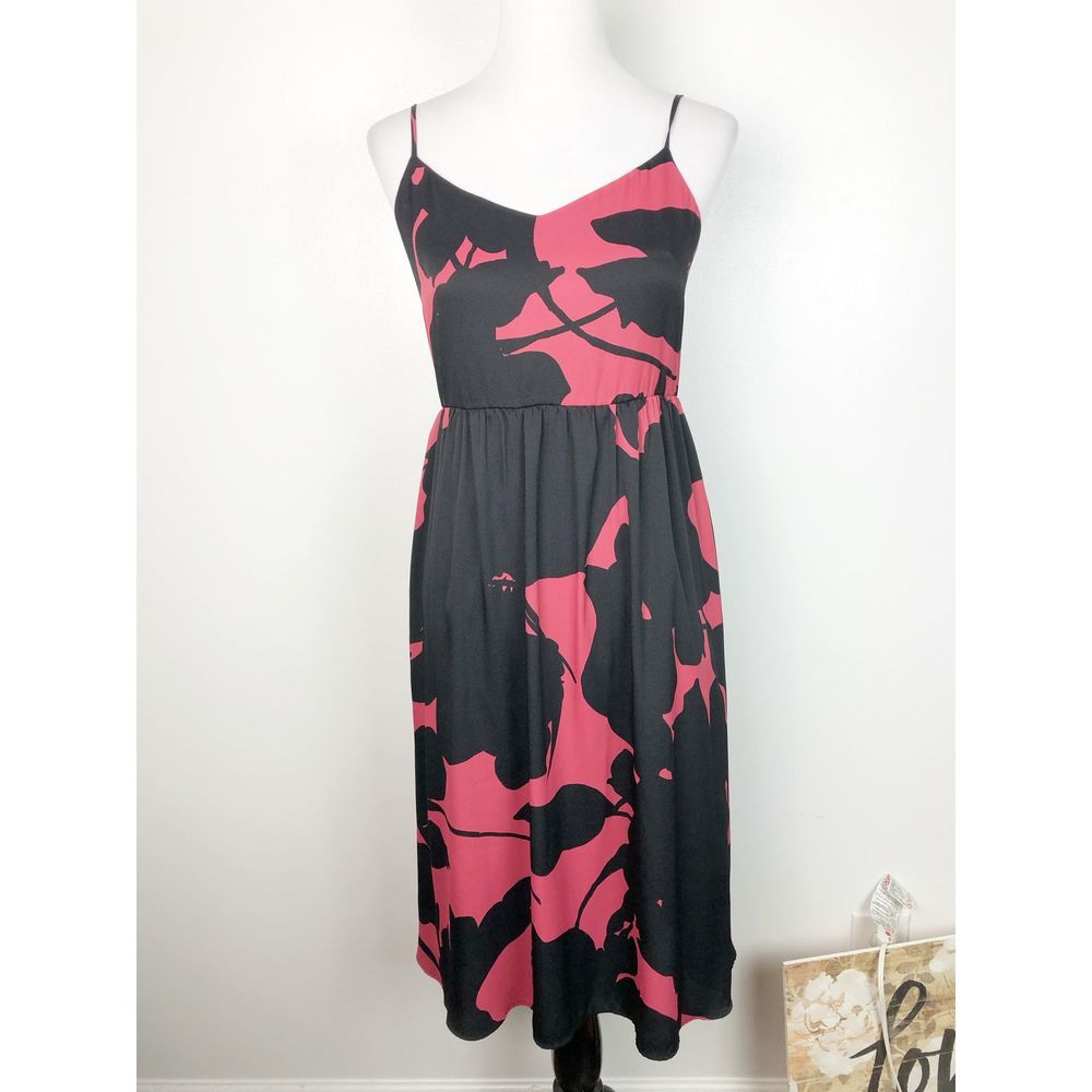 LOFT Black Red Floral Midi Dress sz 2